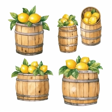 wooden barrels or crates filled with lemons, cliparts,watercolor illustration, white background for removing background