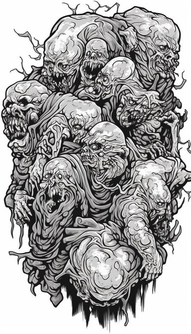 Rectangular creepy shaped Blob's like Cluster of body ghoul zombie lacerated limbs in a death metal t - shirt design monochromatic clipart