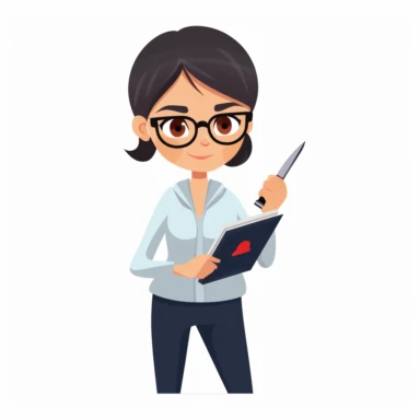 flat vector clipart on a white background of a small Asian smartly dressed lady holding a knife and notebook