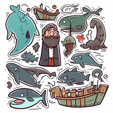 jonah and the whale from the bible. set of icons stickers. buttons. cartoon art. vector. high contrast. clip art. icon. sticker. white background.