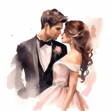 watercolor bride and groom clipart, a bride and a groom look like if they were from Latin America: dark hair, dark eyes, hd,