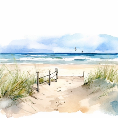 Beach at Atlantic Ocean, Springlake, New Jersey on a beautifull summer day, coastal clipart, watercolor Illustration, Sublimation graphics, by Beatrix Potter, Watercolor clipart, single design, print on demand image, PNG transparent background