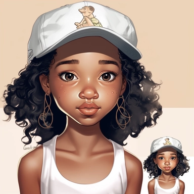 a drawing of a young little black girl wearing a baseball cap and tshirt, pretty summer sundress, black girl fantasy, cartoon illustrations, vector clipart, in the style of 32k uhd, lilia alvarado, walt disney, depictions of aristocracy, childlike, photorealistic details, white background