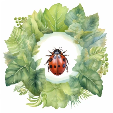 lady bug surrounded by leaves, watercolor clipart