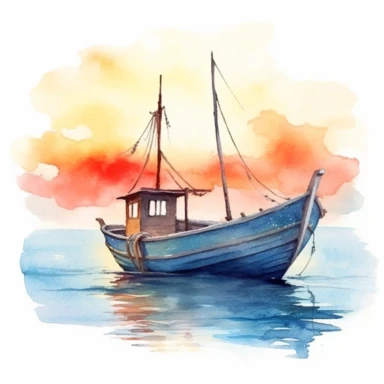 clipart de acuarela de barcas en el mar en atardecer sobre fondo trasero blanco, super detallado,moche art, 16k, full color, fotorealista, obra maestra, manchas de acuarela