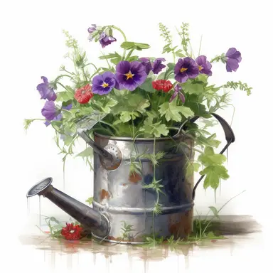 a simple gorgeous rustic water can with wildflowers and flowers, and green foliage on white background clipart, deep purple, emerald green, and ruby red color theme, watercolor painting realistic, high quality, vibrant, Vicente Romero Redondo, Willem van Aelst, Elsa Beskow