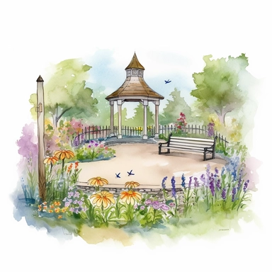 Create a charming watercolor clipart illustration of a public garden display featuring lavender, wildflowers, and sunflowers, with rustic scenes of trees and streams in the background. The focus is on the natural beauty and tranquility of the garden, inviting viewers to immerse themselves in its serene atmosphere. Begin by sketching the outline of the garden, including paths, flower beds, and seating areas. Place the lavender, wildflowers, and sunflowers strategically throughout the garden, payi