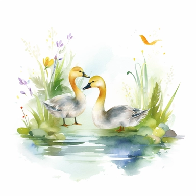 create an image of a pond with baby geese swimming on a white background, clipart, watercolor, 8k, vibrant