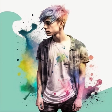 young man multicolor hair ,fantasy, looking in the camera, eye contact, full body, fairytale dreamlike, clipart with watercolor splash background, with transparent background, hyper realistic, professional photography, super detailed