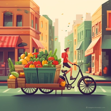 Clipart of a cargo bike with 1 man riding the bike forward, currently in movement, and pulling a trailer on 2 wheels with full farmer's market stall with a few shelves of fruits and vegetables. The background is a Montreal-style city street that is slightly blurry. 2D clipart, colorful.
