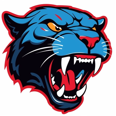 2d, flat, sports team logo style, clipart, front of face, panther, black with teeth, white background, no highlights, not a tiger. red tongue, white teeth, blue fur