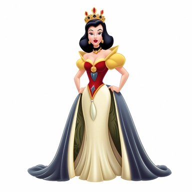 FULL-BODY PERSPECTIVE OF A 2D DISNEY CLIPART ILLUSTRATION OF A BEAUTIFUL AND BENEVOLENT QUEEN, WHITE BACKGROUND, STYLE OF DISNEY'S 1937 MOVIE SNOW WHITE, WHITE BACKGROUND