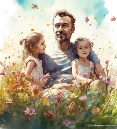DESIGN A MAGNIFICENT AND EXQUISITE BREATHTAKING ONE-OF-A-KIND HIGH QUALITY HIGHLY DETAILED MASTERPIECE WATERCOLOR CLIPART ILLUSTRATION OF A dad with two little girls in the grass, flowers flying, in the style of sam spratt, artgerm, frank quitely, realistic portrait painter, vibrant illustrations, delicate flowers, 32k uhd, WHITE BACKGROUND, NO FONT, NO TEXT, NO WORDS, NO WATERMARK