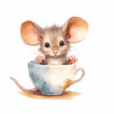 a cute mouse sitting in a tea cup, full body, pencil and watercolor clipart style, cartoon style, super high quality, high resolution, isolated white background, 8k