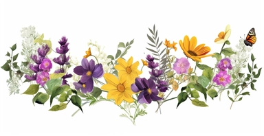 Pressed boho cottagecore floral clipart violet, honeysuckle, black-eyed susan, wild rose and orchids floral border wildflowers with green foliages floral nature garden border, clipart with white background