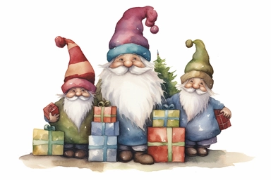 three christmas gnomes sitting on stacked christmas presents in front of a big christmas tree, watercolor clip art