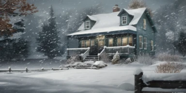 clipart of a beautiful winter scene of Hulk entering in a house with a large level yard, in a snowstorm, by a frozen pond, deep snow, a few pine trees with snow on them, grey sky, snow falling, hyper realistic, high definition, sharp focus,
