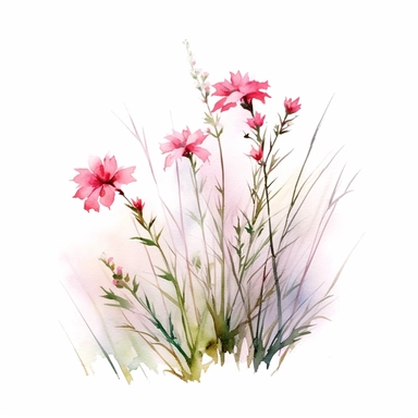 Serene watercolor depiction of pink flowers gently swaying in a field of tall grass, portrayed from a top-down angle, with the composition evoking a sense of calmness, relaxation, and the soothing embrace of nature's embrace, clipart on a clean white background.
