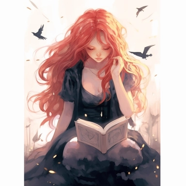 a girl reading a book with red flowing hair, delicate shades of red orange and gold, watercolor clipart, white backound, no backound, glowing,Takehisa Yumeji