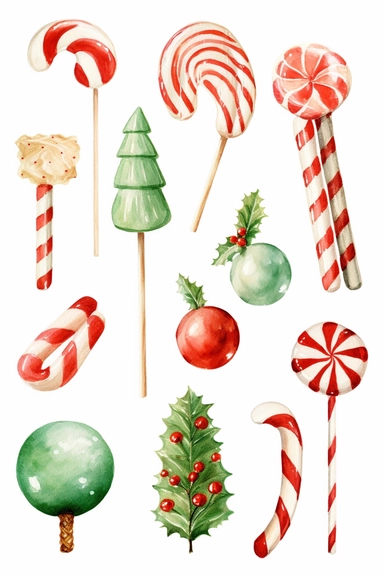 watercolour of a variety of Christmas Candies. Red and Green Gumdrops, Candy Canes, Peppermints, ribbon candy, clipart variations, simple, vector, 8k