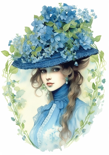 A light blue Victorian hat entirely covered in light blue forget-me-nots and green foliage in a watercolor clipart, featuring a Victorian woman in a corresponding blue dress adorned with flowers - white background