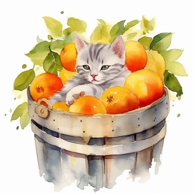 Watercolor american shorthair colored kitten peacfully sleeping in a laundry basket clipart, american shorthair breed, surrounded by oranges and orange leaf and branches, couple of oranges, high detail oranges, high quality drawing, high quality, body visible, summer colors, hairs are visible, variety of kitten type, summer day theme, valentines day theme, full body kitten, crawling in basket, peacefull fealing, childlike innocence and charm, peacefully sleeping cat, shy kitten, Oh my god its so