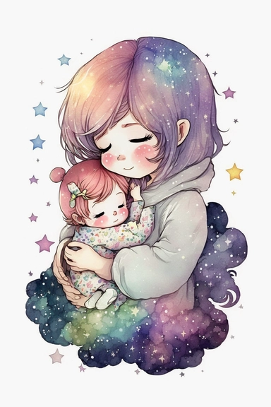 Illustration of chibi mother and baby with pastel galaxy stars, clipart image, watercolor, digital art, sharp edges, no shadow on background, white background