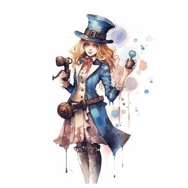 An alice in wonderland character , watercolor steampunk style, white background, clipart