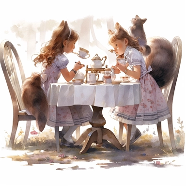 2 squirrel girls tea party, Little girl exploring, 2 girls, illustration for book, children's book, 2 clipart, fiorucci angels, beautiful decoupage paper, pastel colors, white background clipartm, fantasy art, squirrel ears, perfect eyes, detailed body, Watercolor Clipart, strybk, full Illustration, 4k, sharp focus, watercolor, smooth soft skin, symmetrical, soft lighting, detailed face, concept art, watercolor style, strybk, children's style fairy tales, chibi kawaii, Octane rendering, 3d. Perf