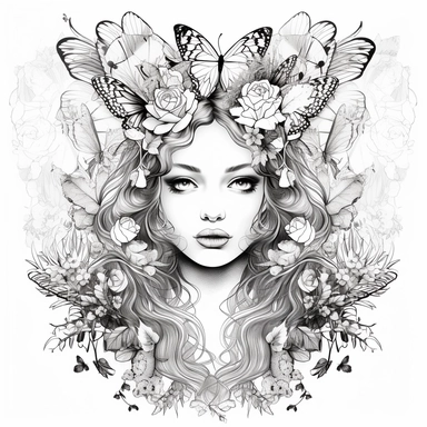 Hyper realism art, shutter speed, Face is focus, Sharp details, simple black and white clip art, Silhouette crisp line coloring page for adults, happy Fantasy Fairy, princess dress, surrounded by flowers and animals, symmetrical head, center of frame, per