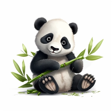 baby panda eating bamboo, pixar style, clipart on white background
