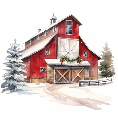 vector watercolor close up winter christmas farm barn decorated in Christmas style decor in winter clipart on white background, close up view, winter christmas farm barn, photorealistic, ultrarealistic, no background, on white