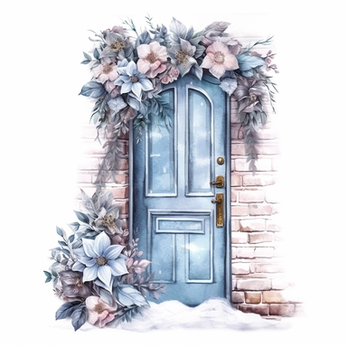 a cold winter day, winter theme , winter flowers romantic door pastel color watercolor clipart ,hand drawn watercolors, chalk, painterly brushstrokes ,white background for removing background--no text shadow font watermark