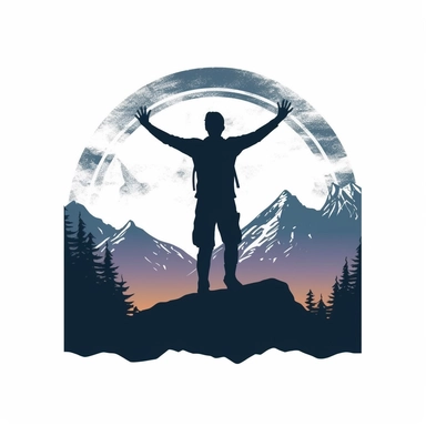 Silhouette of a person hiking up a mountain with arms raised up in the air, vector style graphic, positive vibe, clipart, single design, white background