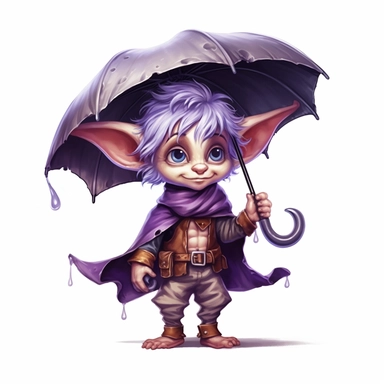 Cute Adorable magical little Elf with big pointed ears holds a umbrella in his hand wears a raincape and stand in the rain on a country road, clipart, photorealistic illustration, watercolor, high detail, 8k polished, 8k, vibrant colors, sticker, majestic, die cut, black and purple color, white background