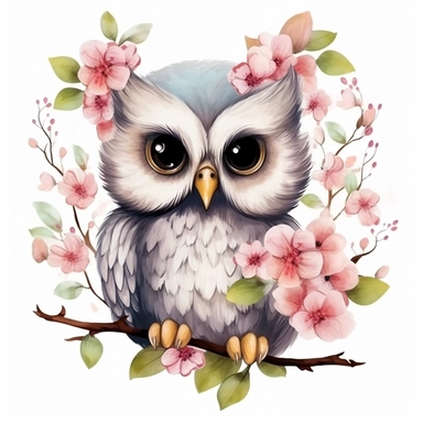 baby cute owl Among blossoms, white background, clipart