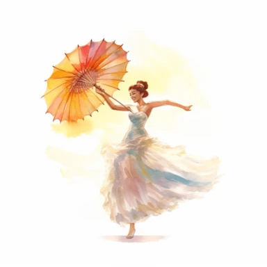 playful BRIDE, holding a parasol and twirling under the summer sun, radiating beauty and joy, watercolor, Pixar style, Clipart on a white background