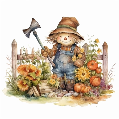 watercolour small garden with a cute scarecrow, clipart on white background, no watermark, highly detailed, professional color gradation, clean sharpness