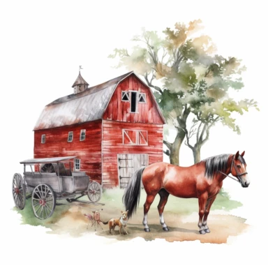 red barn with a tree, horses, a truck, watercolor, clipart, white background