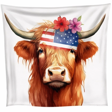 Patriotic Long Haired Calf, Highland cow face clipart, Western ,farm cow, clipart, red, usa flag headband, usa flag bandana, watercolor, white background, white flower under