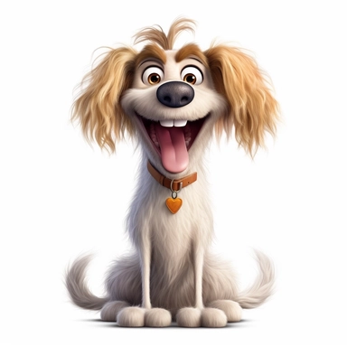 a really skinny cartoon dog with big smile, hair frizzed out, funny, full body image, pixar style, clipart, white background