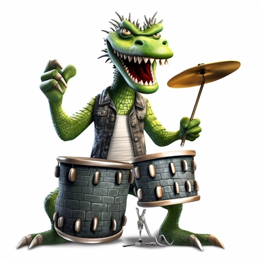 a crocodile dressed as a punk rockstar playing the drums with drumsticks, full body image, pixar style, clipart, white background