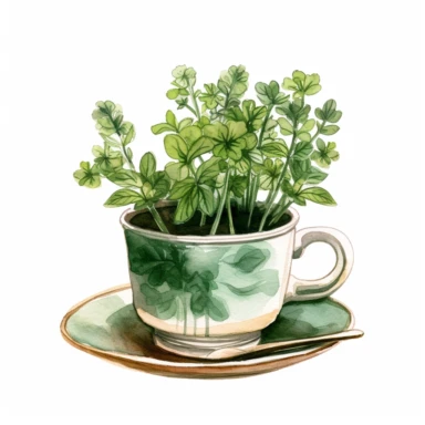 a cup of tea jade colored herbs hot watercolor clipart highly detailed