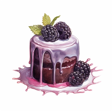one blackberry Dessert with strawberrie and chocolate on a white background, in the style of Watercolor Clipart, light purple and dark black, animated gifs, dark silver and emerald, decorative paintings, detailed miniatures, dark purple and dark ambe , no watermark, text, 300 DPI , typography, shapes do not stick together, no text in the picture, on a white background