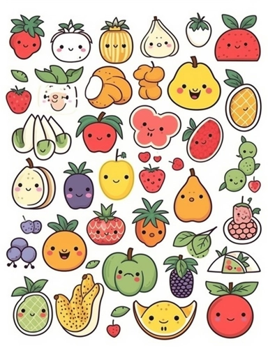 Kawaii doodles clipart set with white background, fruits, cute and adorable, flat design, clearly defined separated image, high quality