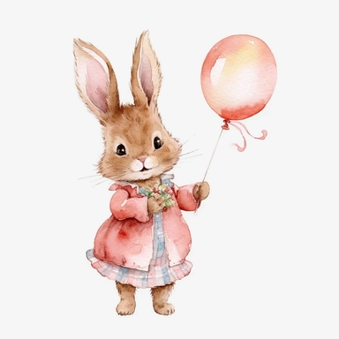 Watercolor svg clipart of a cute cartoon adorable Peter rabbit kawaii animal holding a pink balloon illustration by Beatrix potter , pastel pink dress, png isolated on white background