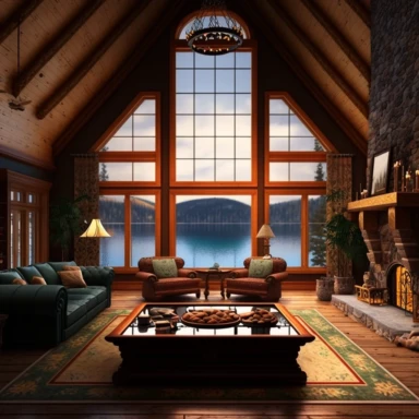 large great room, entertainment room in log cabin, wall of windows with view of beautiful lake, pool table, comfortable furniture, large beautiful carpet, fireplace with fire burning, large comfortable couch, fantasy, ethereal, clipart