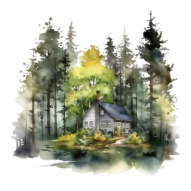 watercolour forest cabin clipart illustration, on an isolated clean white background, with black ink outline and black border, cut out
