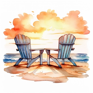 A wooden couple chair on the beach waves sunset, Watercolor Clipart, details Sublimation Clipart,Cartoon,hyper realistic, intricate detail, illustration style,high solution,on the white background