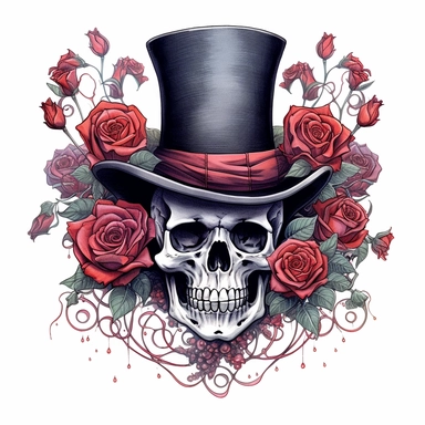 skeleton, wearing top hat, gothic roses, watercolor, clipart elements, smooth gradients, black contour outline, ultra detailed, white background, super clear, high quality